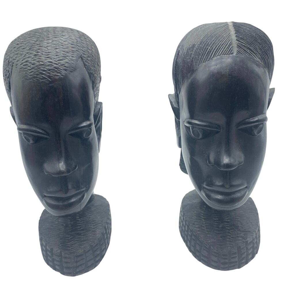 Vintage African Hand Carved Ebony Wood‎ Sculpture  Heads set of two